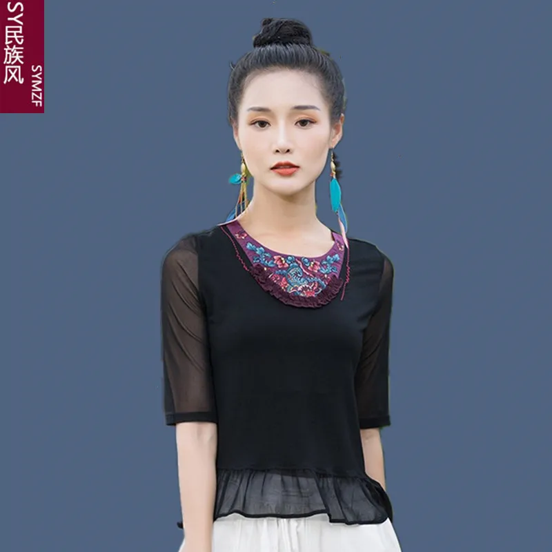 Summer 2022 New Chinese Ethnic Style T-shirt Women's Embroidery Design Fashion Shirt Loose Short Sleeve Top