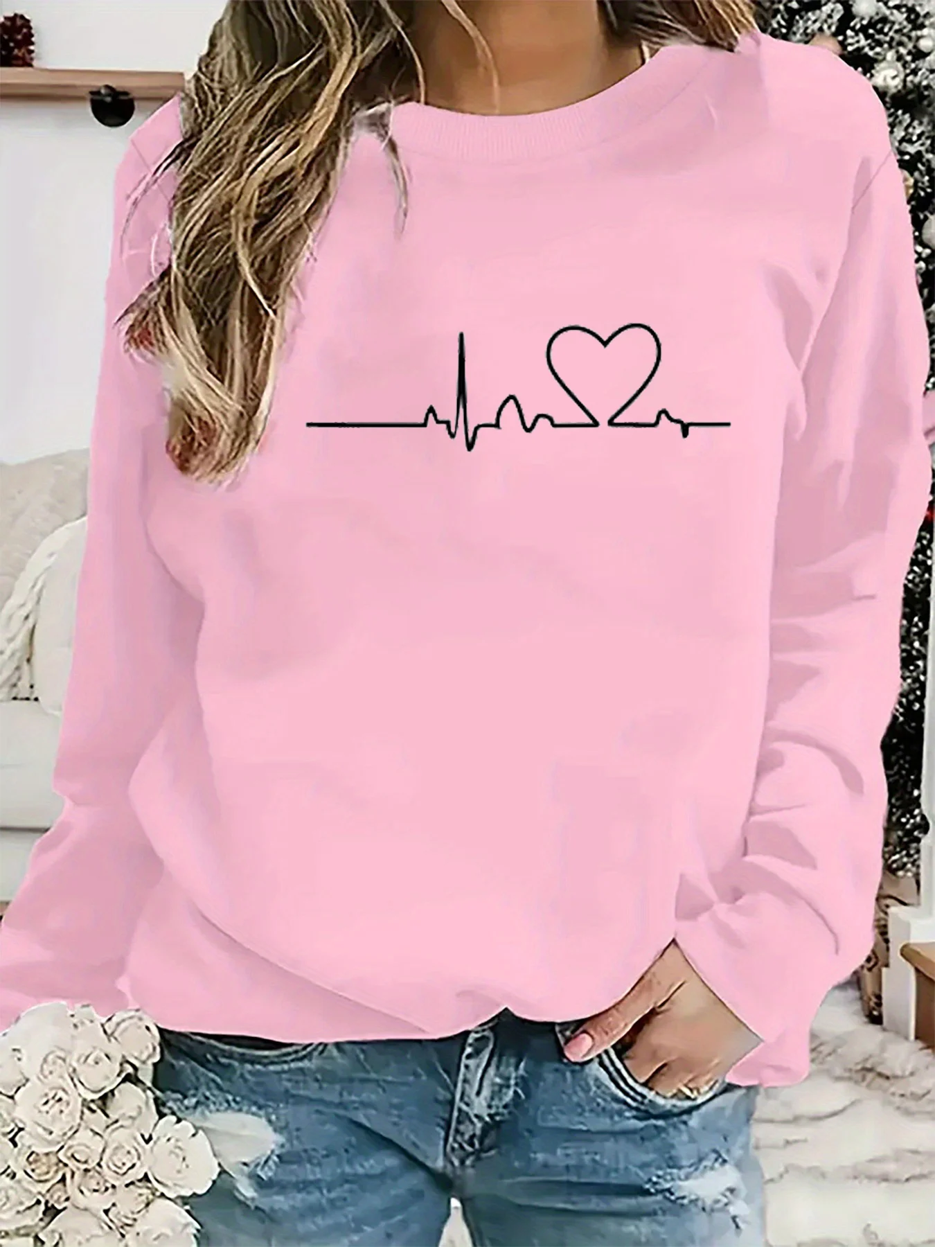 Women's autumn and winter casual loose and comfortable warm electrocardiogram graphic printed round neck long sleeved pullover