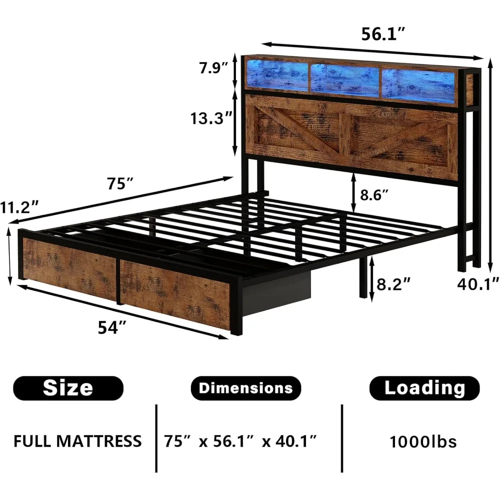 Full Size Bed Frame with Storage Bookcase Headboard and Drawers, RGB LED Lights and Charging Station, No Box Spring Needed