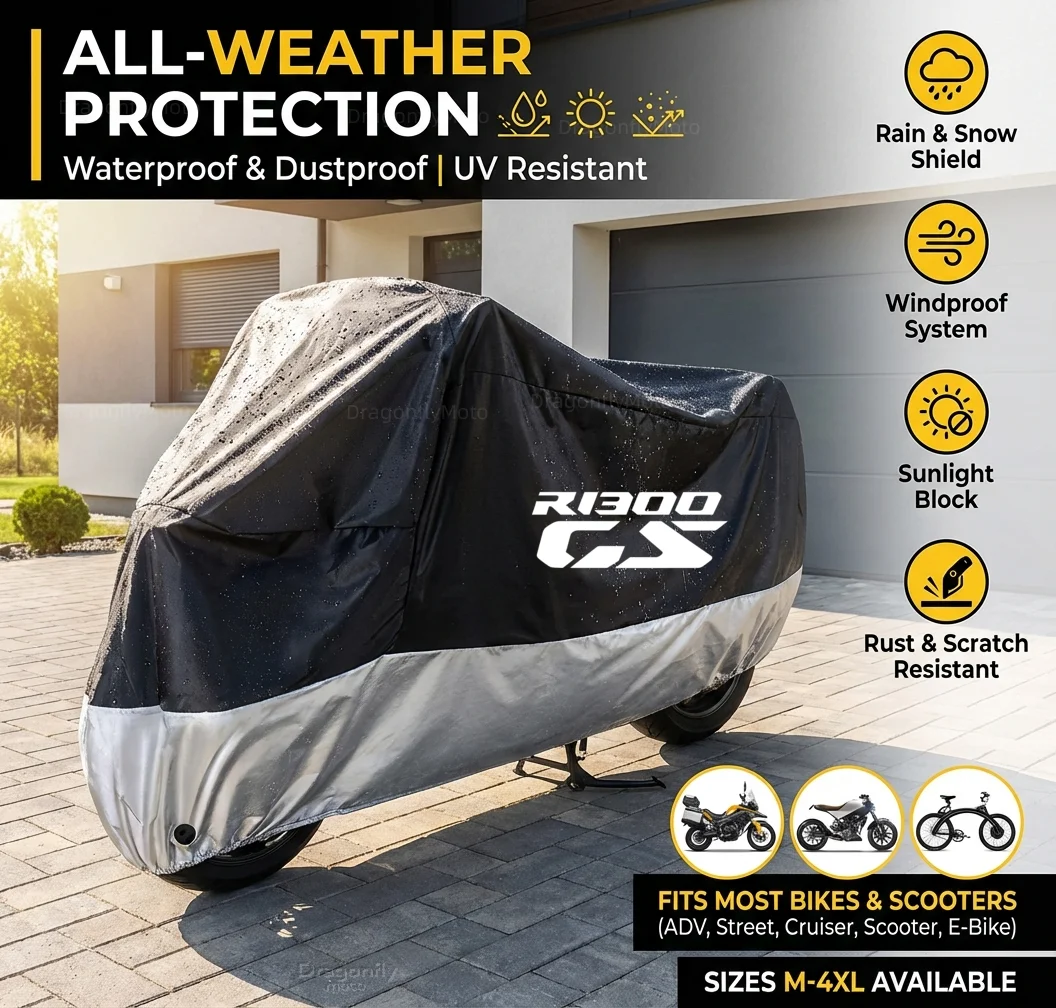 

Всесезонный чехол для мотоцикла BMW R1300GS R1300 GS R 1300GS GS1300 2023 2024, серебристо-черный, водонепроницаемый, пылезащитный, с защитой от ультрафиолета