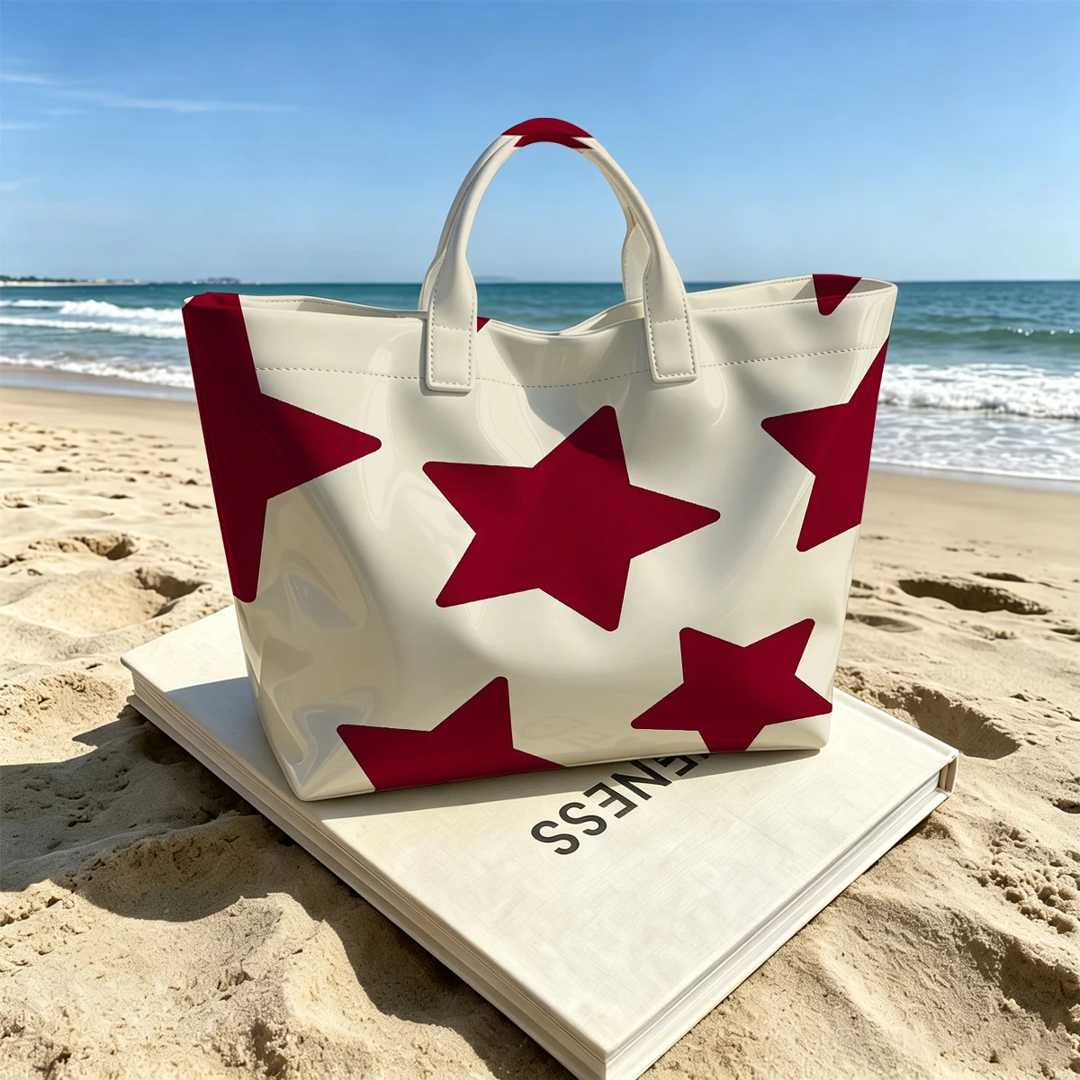 Burgundy Star Cute Large Glossy PVC Tote Bag Hand Washable Lightweight Soft Great for Travel Commute Makeup Storage Handbags