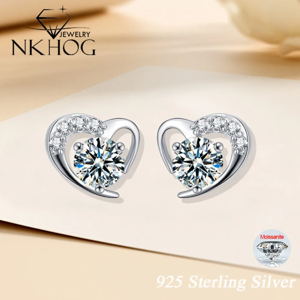 

NKHOG 5mm Real Moissanite Heart Shape Stud Earrings For Women 925 Sterling Silver Engagement Wedding Gift Diamond Pass Test GRA
