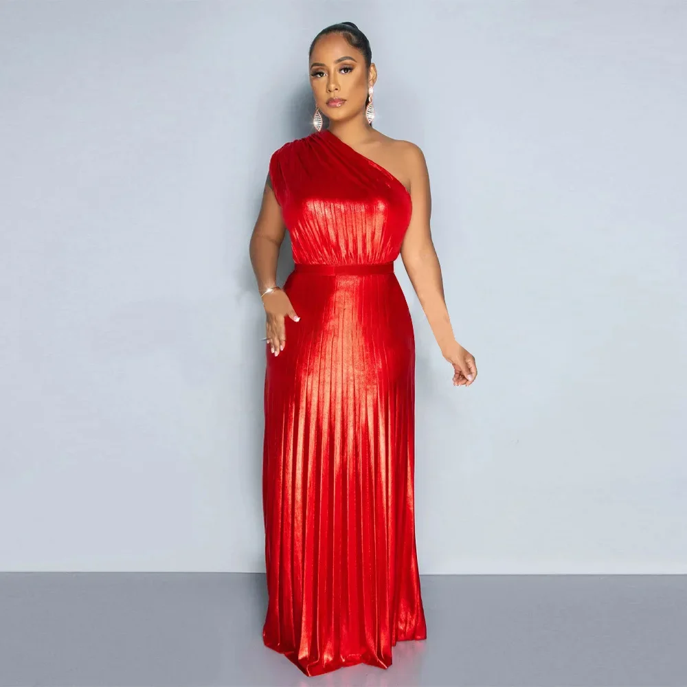 Elegant Women Even Dresses Luxury Maxi Long Metallic Pleated Dress One Shoulder Sleeveless Premium Shiny Shimmer Gowns Dress