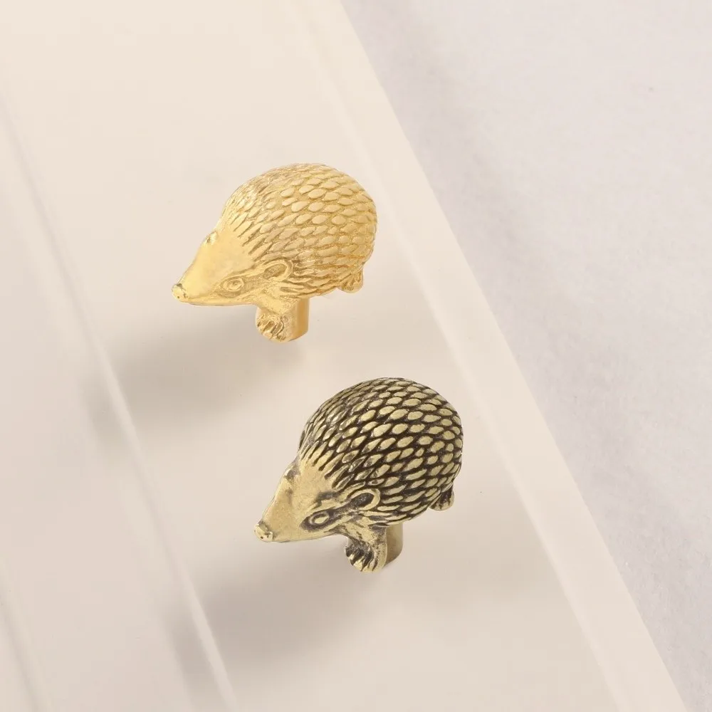 Retro Little Hedgehog Brass Handle Vintage Single Hole Cabinet Door Knobs Gold Push-pull Wardrobe Drawer Pulls Furniture
