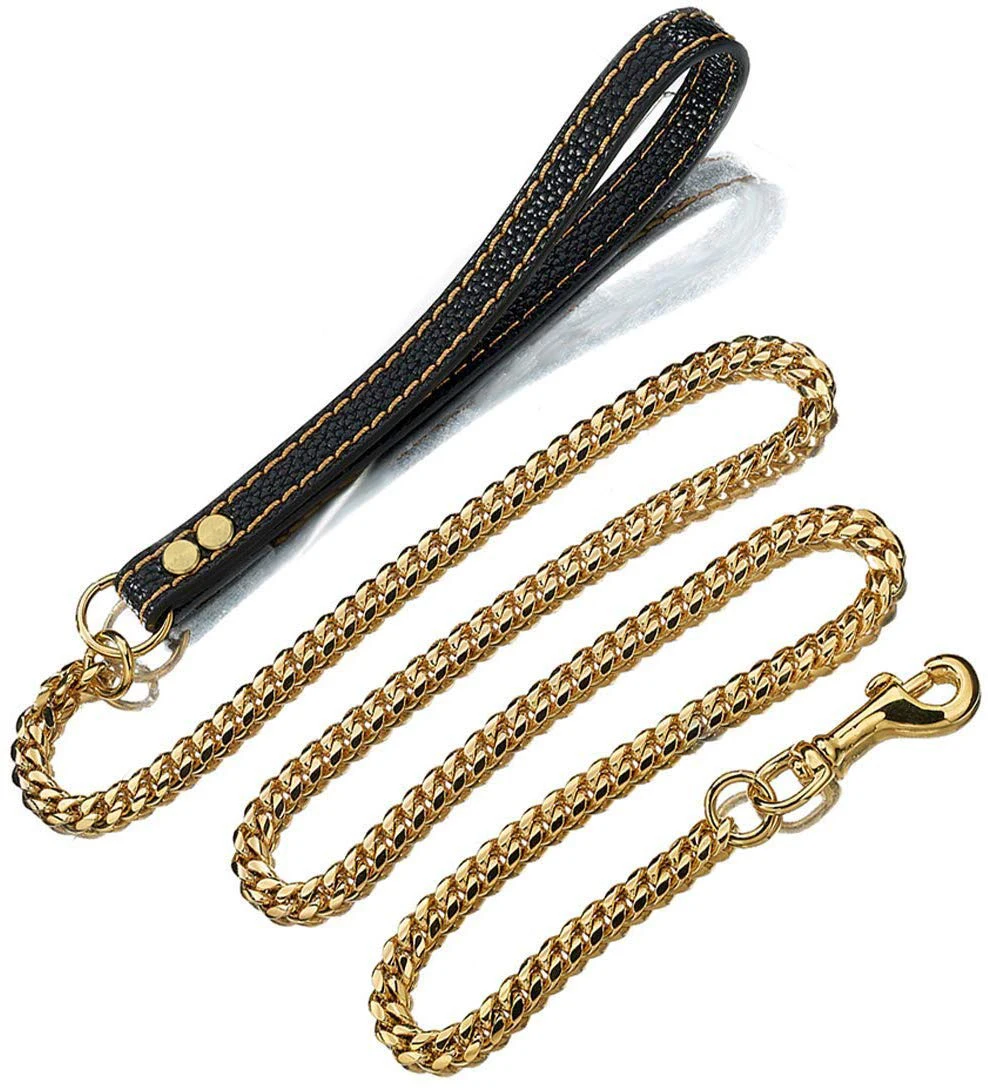 10mm Width Gold Dog Chain Leash Stainless Steel Pet Cuban Link Chain  Metal Lead Rope For Dogs