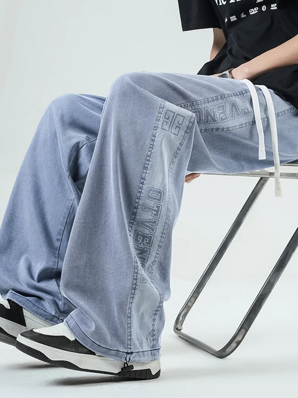 

Американские винтажные джинсовые джинсы с завышенной талией, мужские новые свободные прямые широкие длинные брюки, маленькие ощущения льда