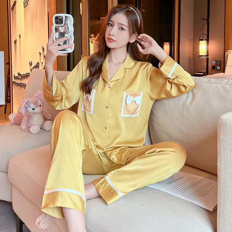 Pajamas Women's Spring Autumn Long Sleeved Solid Color Sleepwear Set Sweet Cute Bow Home Clothes Satin Princess Style Nightwear