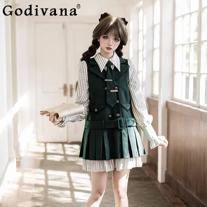 

Original College Style Y2K Fake Two-Piece Striped Long Sleeve Dress OP for Women Girl's Sweet Lo Kawaii Dress Long Trench Coat