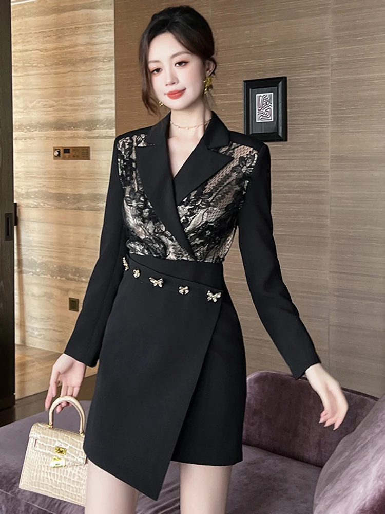 

Elegant Fashion Suit Dress Women Professional OL Black Lace Patchwork Butterfly Short Gown Business Party Vestidos Mujer Spring