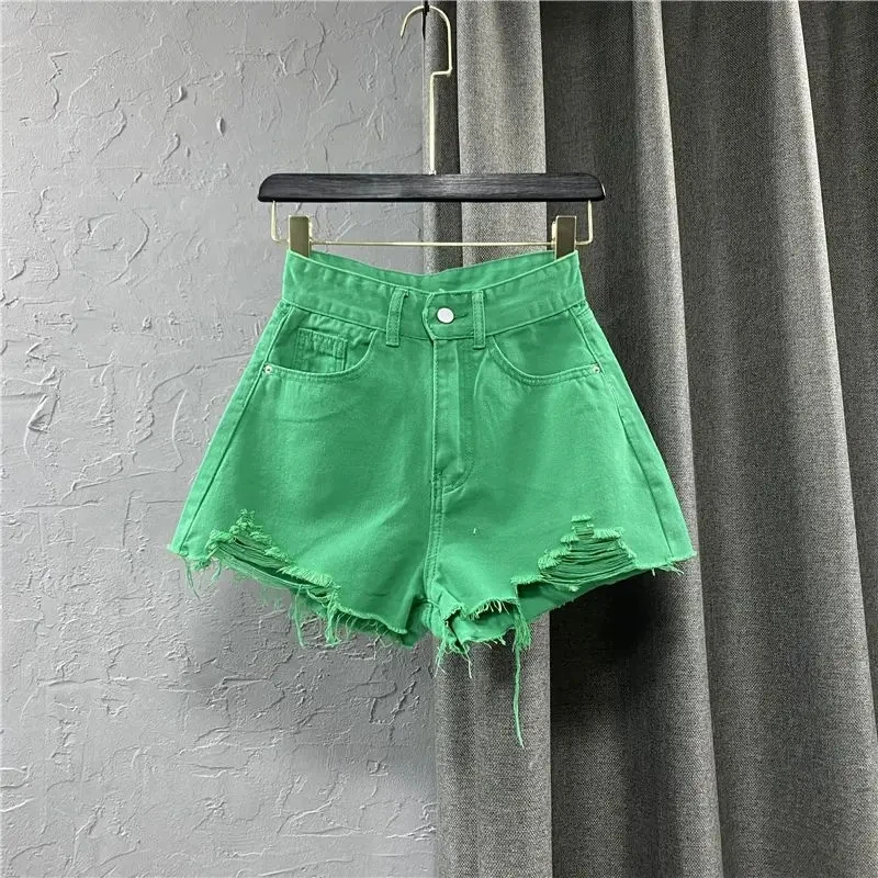 

Candy Colored Distressed Denim Shorts Women's High Waisted Green A-line Hot Pants 2024 New Summer Korean Wide Leg Pants Female