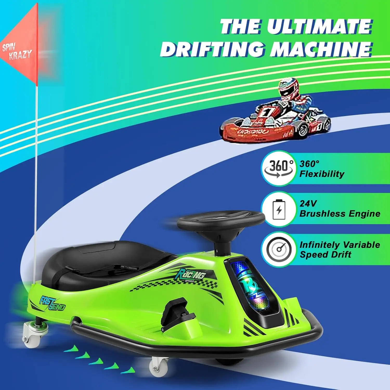 360 Degrees Rotating Ride On Drift Car and 2 Replacement Universal Wheels, 24V Electric Drifting Go Kart for Kids W/Brushless Mo