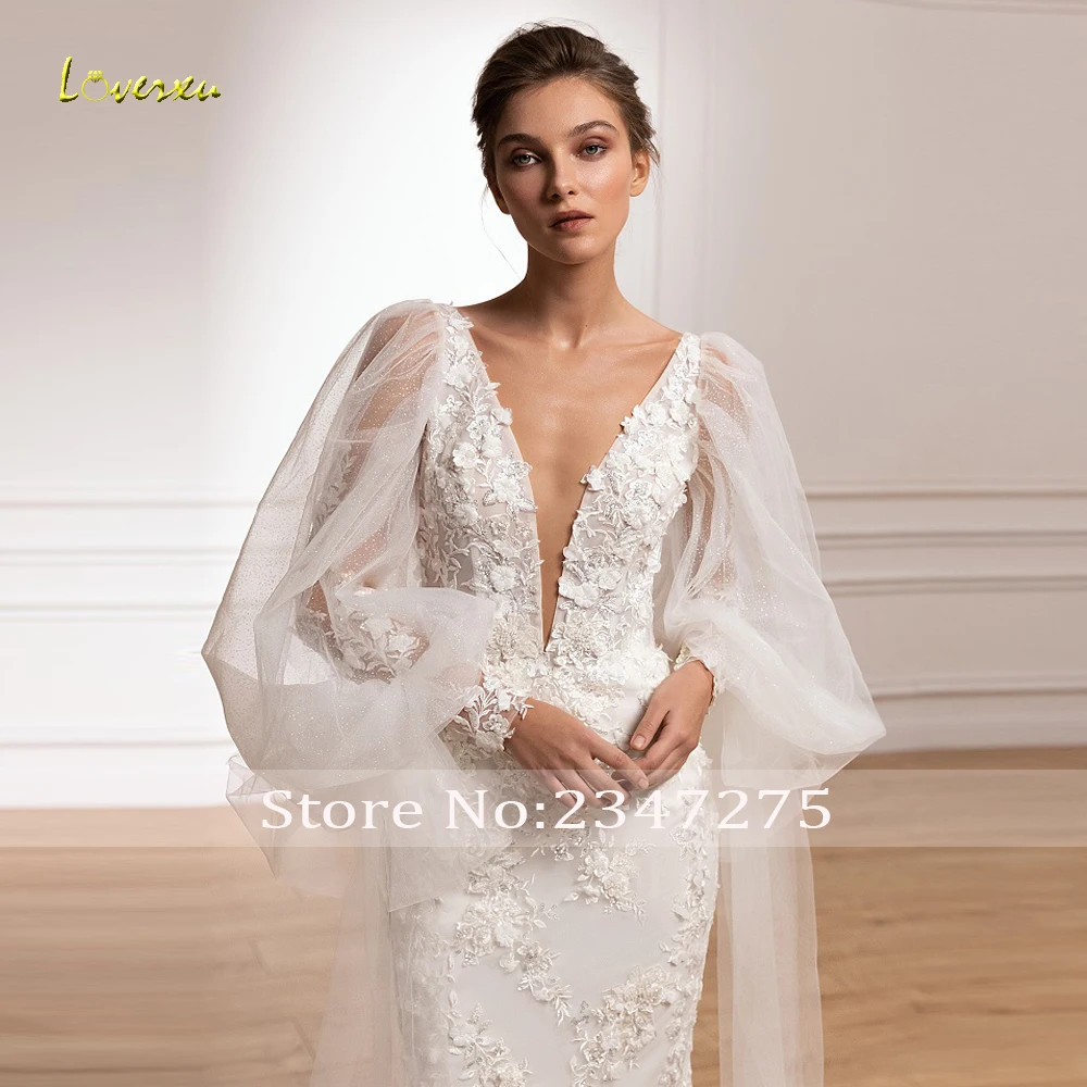 Loverxu Mermaid Graceful Wedding Dresses V-Neck Long Puff Sleeve Vestido De Novia Lace Appliques Custom Made Robe De Mariee