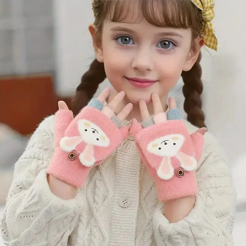 Cartoon Girls' Winter Gloves Cozy And Cute Warm Cold-Proof Flip Top Design for Writing And Skiing Hand Washable Polyester Blend