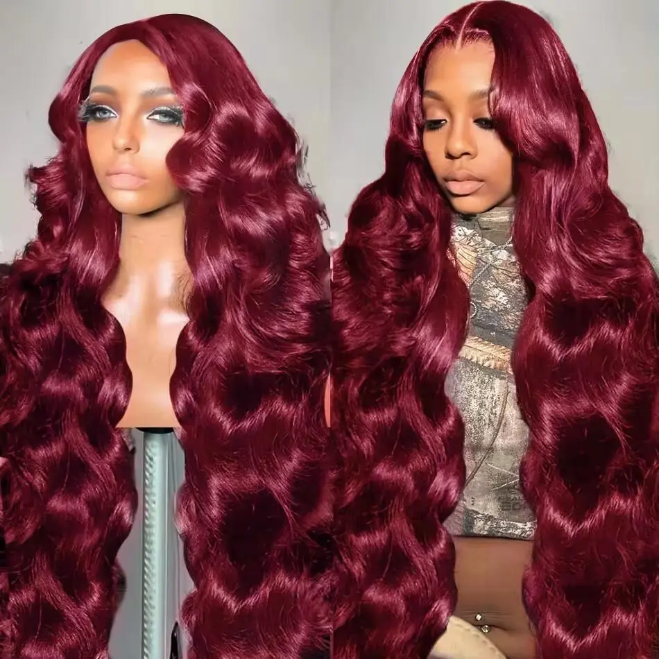 

250 Density 99J Burgundy 13x6 Hd Transparent Lace Wig 30 32 Inch Body Wave Human Hair Wigs 100% Human Hair Preplucked For Women
