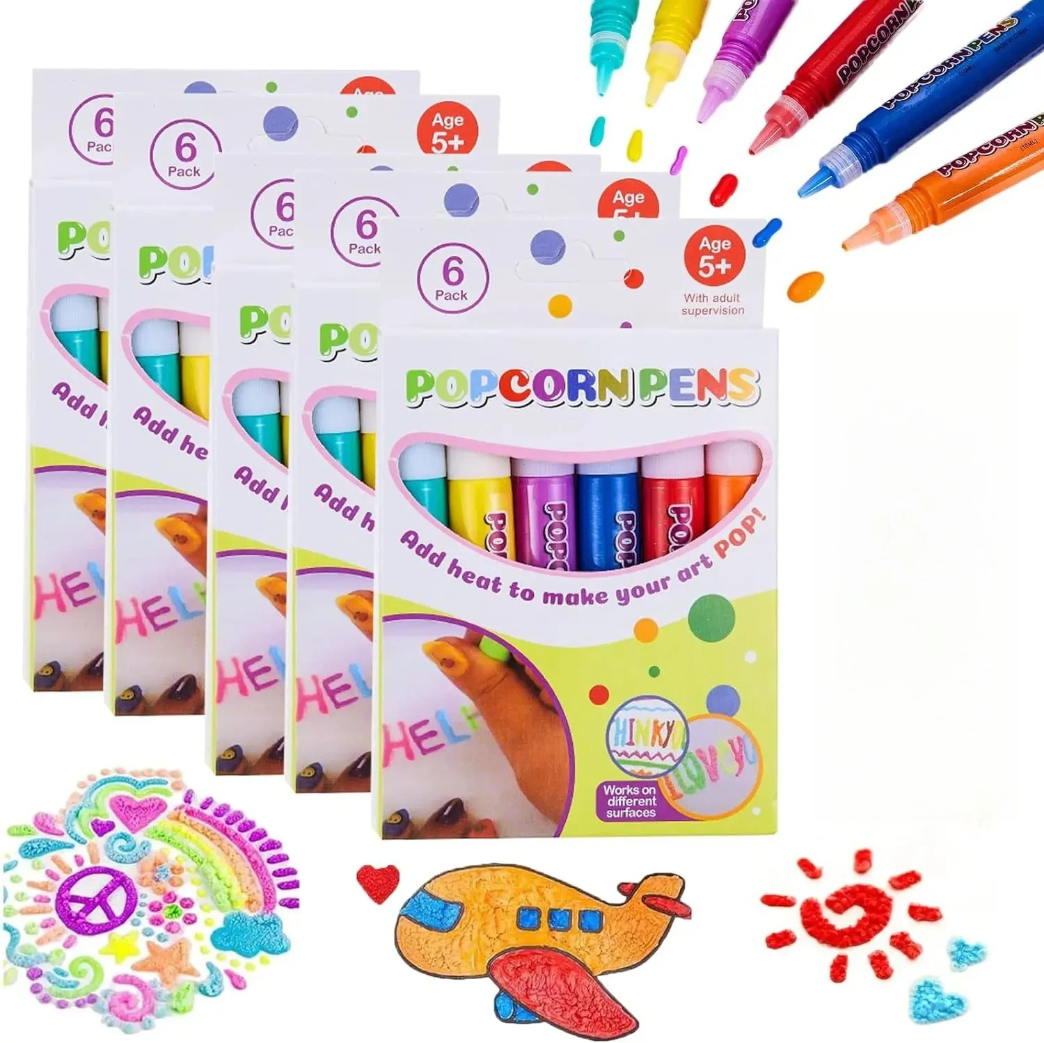 2 Sets Popcorn Paint Pens, 6 Colors 3D Puffy Bubble Markers, Heat Activated DIY Drawing Pens for Kids Art Crafts