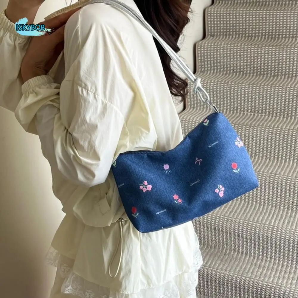 

Trendy Korean Bow Underarm Bag Blue Sweet Denim Shoulder Bag Zipper Versatile Women's Handbag Commuting