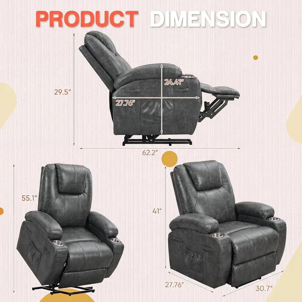 Power Lit Recliner Chair, Recliner Chair with Massage or Elderly | Leathaire abric Lit Chair with Cup Holders, Side kets and Rem