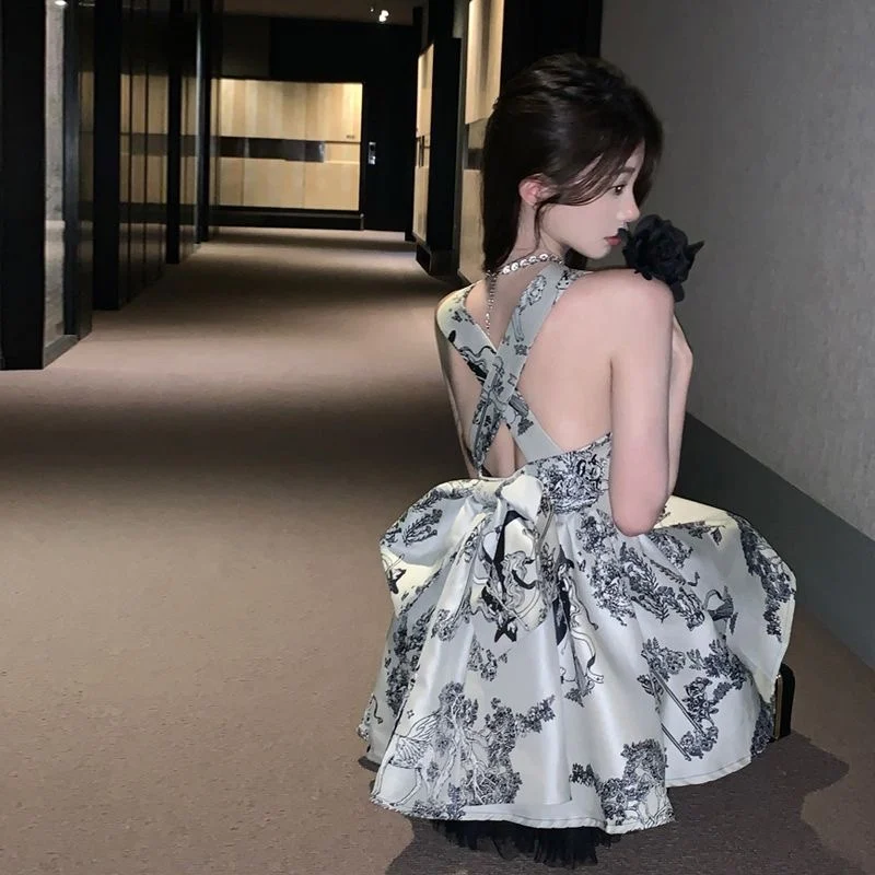 Retro Watercolor Oil Painting Design  Knot Backless Birthday Party Women's Dress High Waist A-Line Skirt Short Length