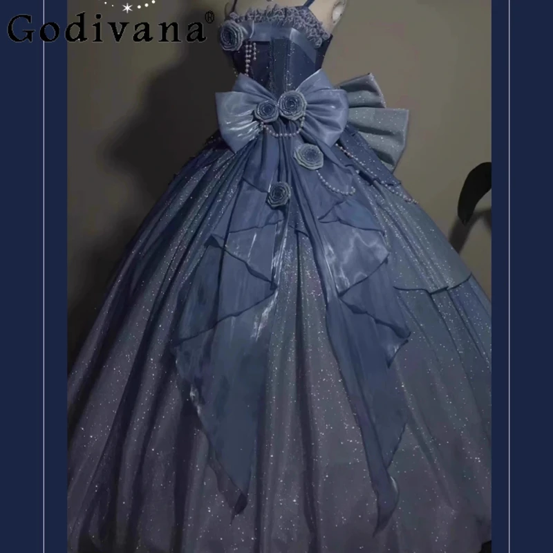 Flower Marriage Lolita Princess Dress for Girls Cosplay Jsk Blue Wedding Dress Women's Big Bow Evening Party Dress