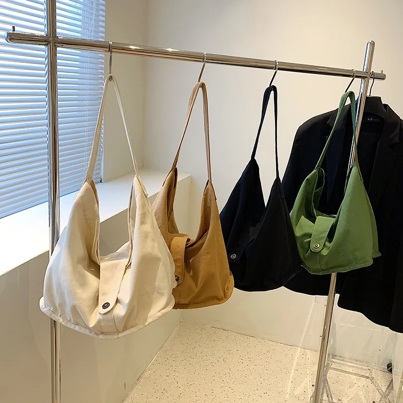 Canvas Bags For Women 2022 Solid Large Capacity Shoulder Crossbody Bag Foldable Shopping Eco Bag Korean Messenger Bag Y2K Bucket