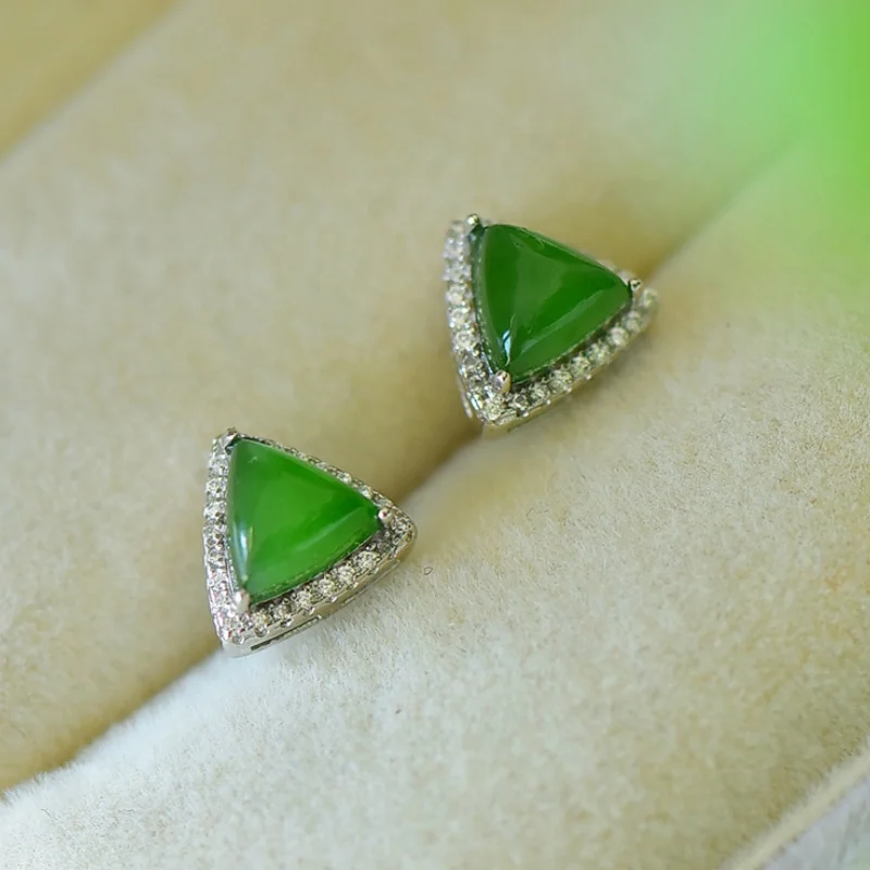 SGARIT Authentic Jadeite Hetian Jade S925 Silver Inlay 9*9mm Triangle Fashion Stud Earrings Fine Jade Texture Versatile Style