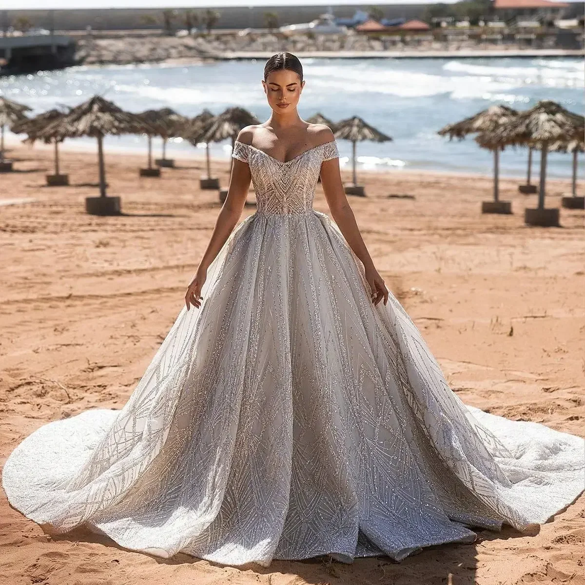 فاخر قبالة الكتف تألق فستان الزفاف الكرة ألف خط المرأة الزفاف بريق بلا أكمام فستان الزفاف حسب الطلب #1