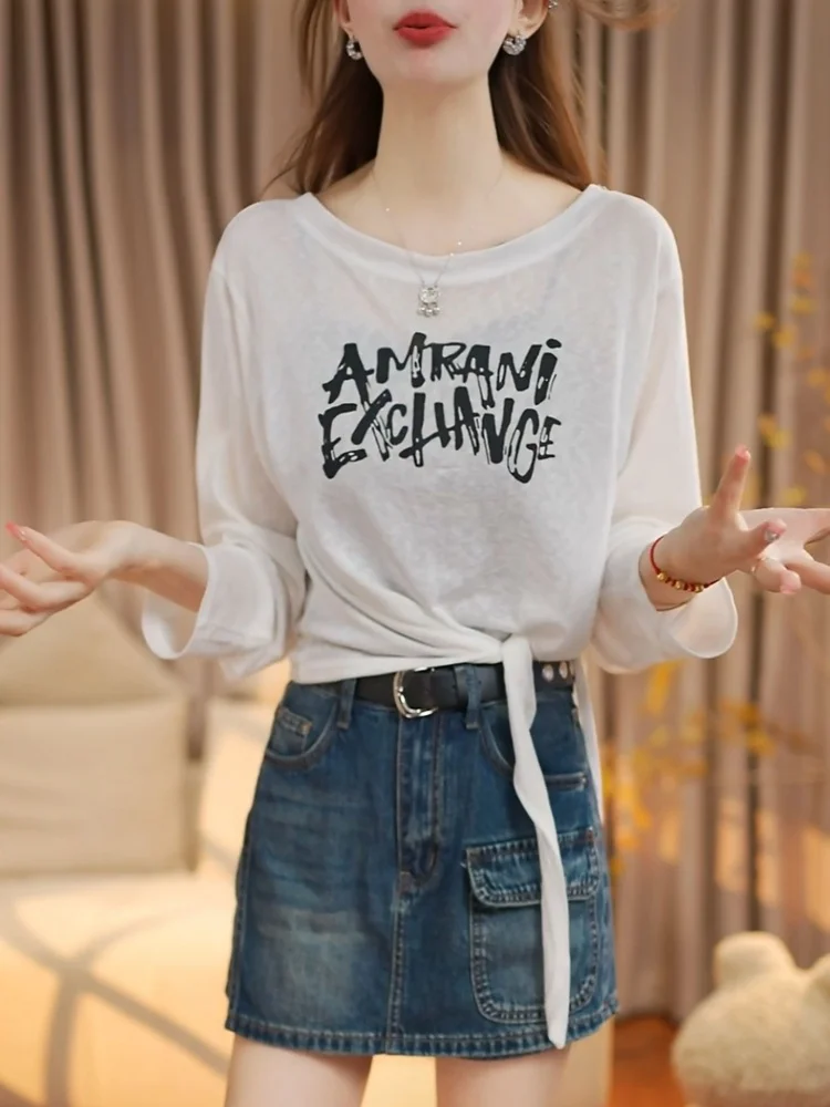 Sun Protection Printed Shoulder Bared Thin Long Sleeve T Shirt for Women Spring Autumn New Style Korean Version Standard Fit