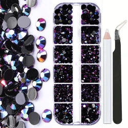 Nail Art Flat Back Black Crystal Beads Multi-Size Resin Rhinestones Lncludes Pick-Up Tweezer & Picking Pen For DIY Crafts