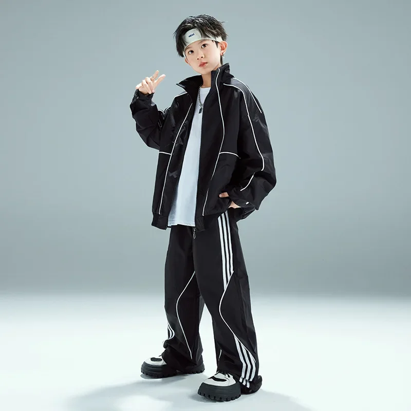 Jungen Hip Hop Schwarz Baseball Mantel Street Dance Baggy Hosen Mädchen Lose Jacke Kinder Jazz Sport Kleidung Sets Kinder Streetwear