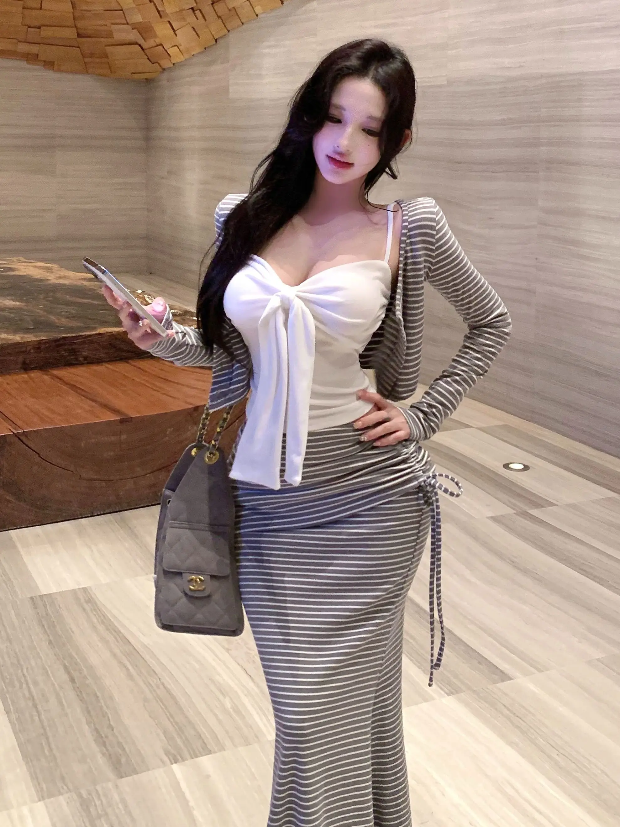 Slim Fit Striped Open Cardigan Women's Fashion Set with Wrap Skirt Long Dress Three Piece Suite Warmth Conservation Casual Wear