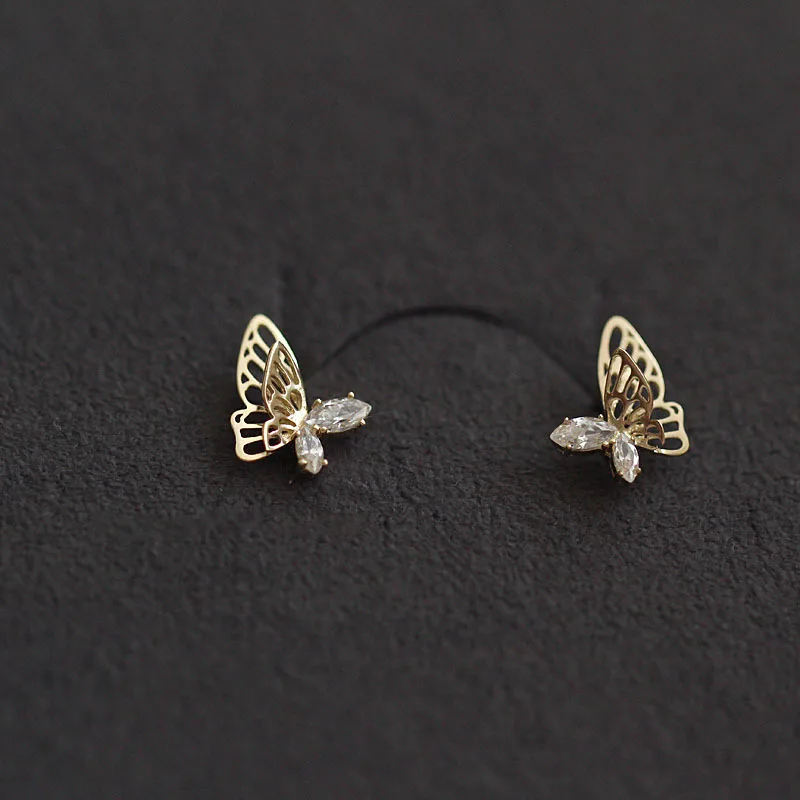925 Silver Needles Ear Piercing Zircon Moon Butterfly Flower Gold Color Stud Earrings for Women Sweet Fashion Girl Jewelry Gift