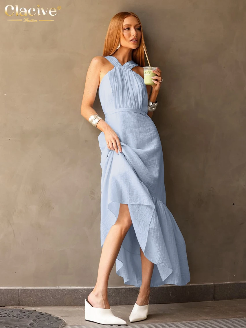 

Clacive Sexy Slim Blue Women's Dress 2026 Summer Halter Sleeveless Ankle Length Dresses Elegant Classic High Waist Feamle Dress