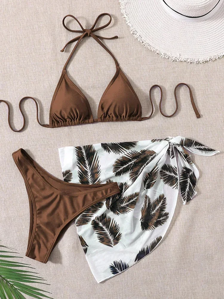 

Sexy Laced Up Print Bikini 3 Piece Set Women Split Swimsuit High Waist Beach Style Bikini 2025 New Summer Swimwear Bikinis Set