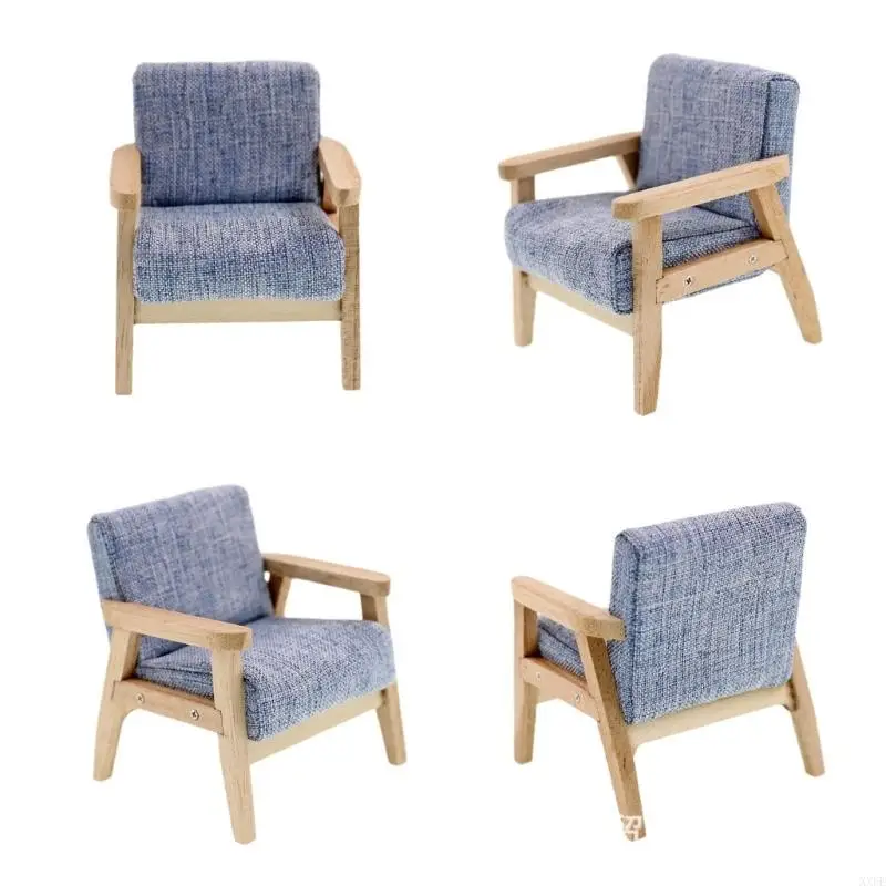 1/12 Scale Dollhouse Miniature Single Arm Chair Mini Wooden Fabric Frame Reading Chair Artificial House Room Scene Couch Model view 6