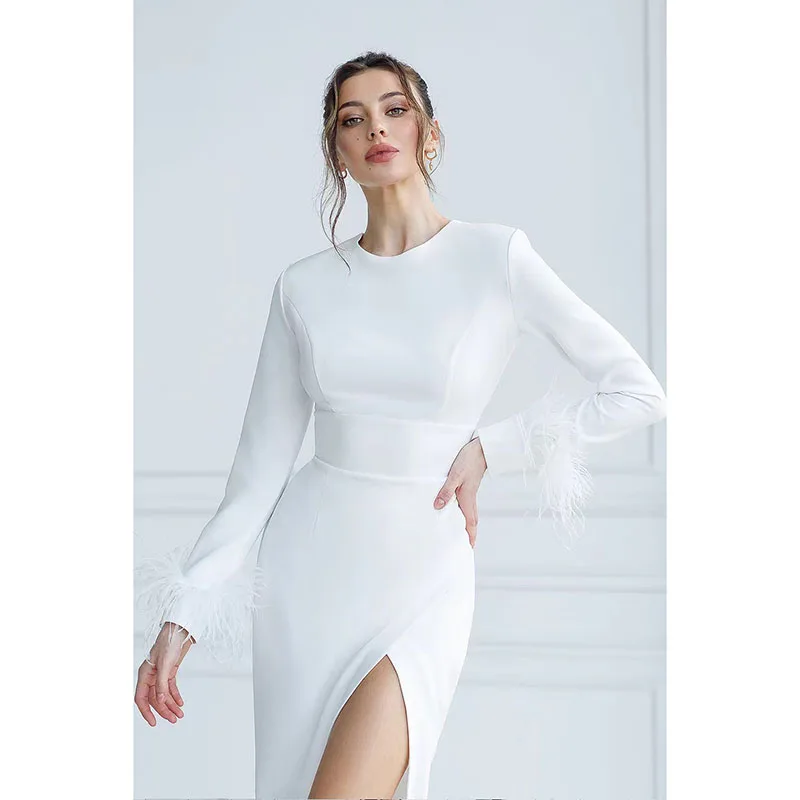 Elegante O-Neck Penas Vestidos de noite, vestido de comprimento, manga comprida, alta qualidade, Festa de casamento, Ocasião sob medida, 2024