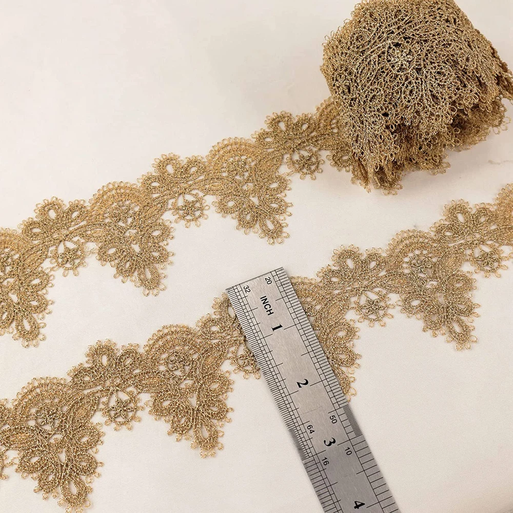 1 Yard Gold Lace Fabric Ribbon Metaillic Embroidery Lace for Sewing, Cake Fringe, Wedding Bridal Dress 5.5CM Wide