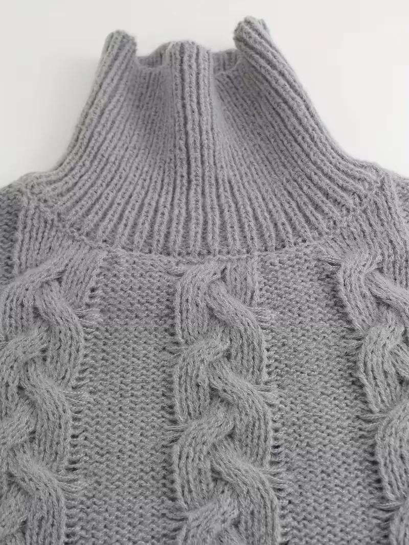 سترة نسائية مريحة باللون الرمادي - مقاس فضفاض، حاشية غير متماثلة، أكمام ثلاثة أرباع، رقبة عالية، مثالية لخريف/شتاء، كاجوال #4