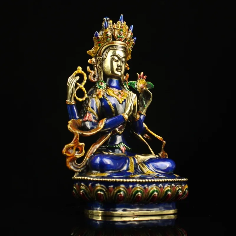 Vintage Enamel Metal Seated Buddha Figurine Four Arms Meditation Statue Oriental Desktop Decor Handmade Collectible Craft