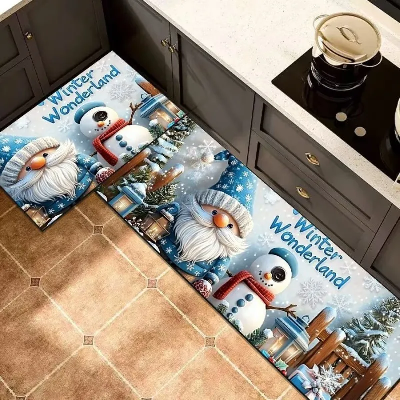 VIKAMA 1/2pcs Blue Winter Gnome Snowman Wonderland Kitchen Rug Durable Machine Washable Kitchen Sink High Traffic Home Decor