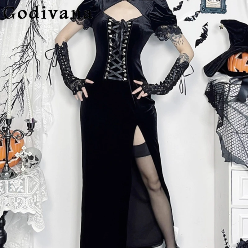 Chinese Style Black Improved Cheongsam Dress Women Ghost Bride Cosplay Dress Female Short Sleeve Hollow Sexy Dress