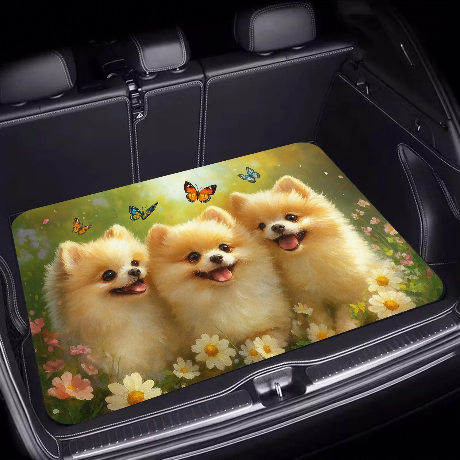 1pc Three Puppies Playing With Butterflies In Flowers Pattern - Car Trunk Mat, An Essential Travel Accessory, Fit For Various C