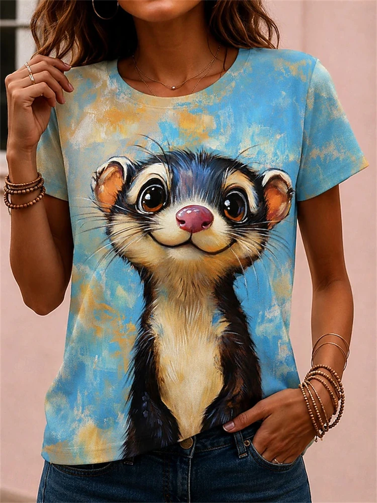Women's Summer Casual Short-Sleeve Top Cute Animal Print Round-Neck T-Shirt Fashionable Street-Style Short-Sleeve Top