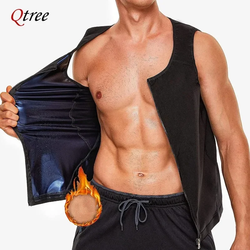 Qtree Sauna Sweat Vest for Men Compression Workout Suits Body Shaper Zipper Slimming Tank Tops Waist Trainer Fitness Fat Burner