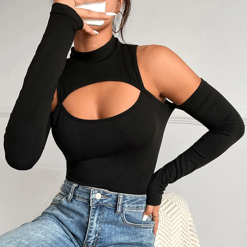 

New Black Off Shoulder Shirt Women Sexy Bodysuits Skinny Tight Playsuits Long Sleeve Top Button be it Blouse Beachwear T-shirts