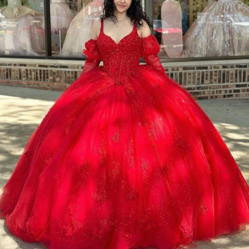 

Red Off The Shoulder Quinceanera Dresses Ball Gown Sweetheart Appliques Lace Beads Tull Corset Vestidos 15 De XV Anos