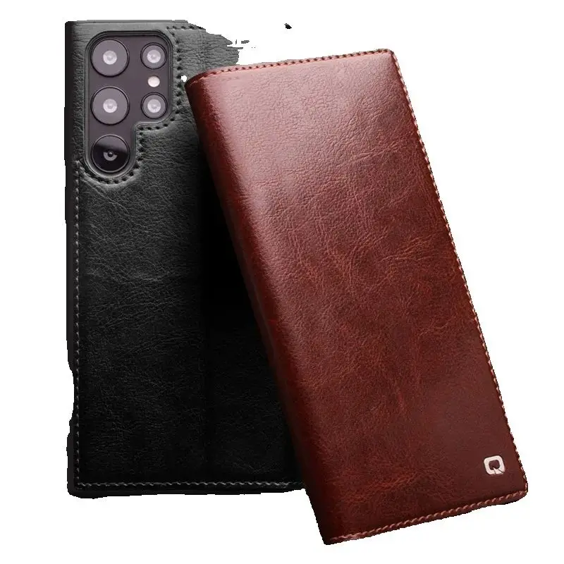 New For Samsung Galaxy S22 S23 S24 S21 Plus Ultra Real Genuine Leather Flip Cover Phone Case Card Pocket Business Qialino Brand