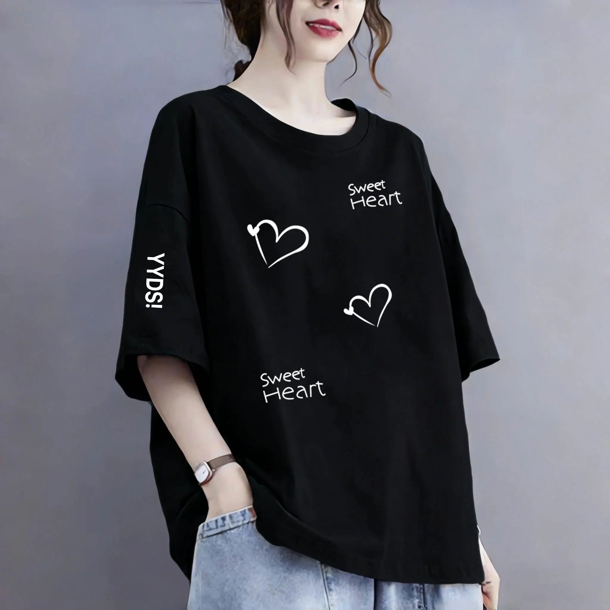 Pure Cotton Ladies Short Sleeve T-Shirt Summer New Loose Fit Mid-Length Women's Style Commute Print Sweat-Wicking round Neck