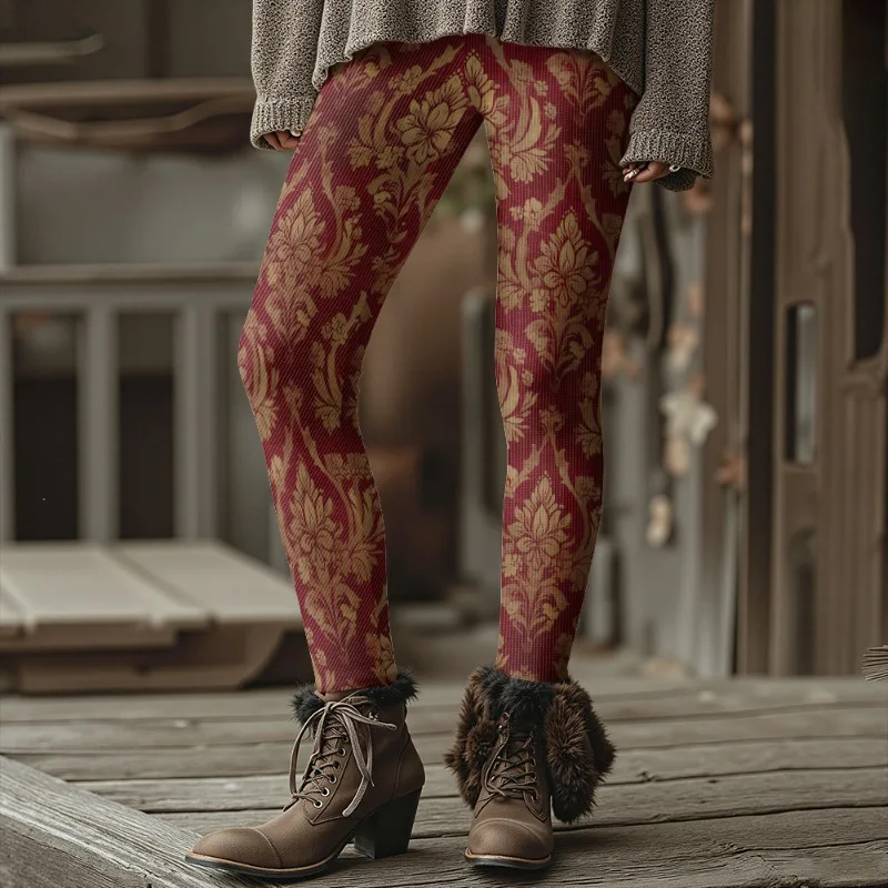 Damen-Leggings im Vintage-Stil, bunter Blumendruck, dicke Winter-Leggings, warme Thermo-Strumpfhose für Herbst und Winter, modische, weiche, dehnbare Hose – Detail 10