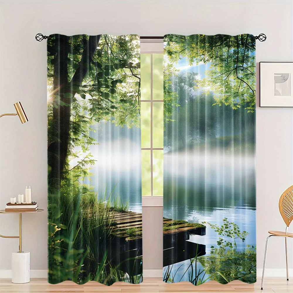 2Pcs Forest Scenery Landscape Curtains Art Deco Drapes Rod Pocket Hanging Thermal Insulated Long Panel Set for Bedroom Living