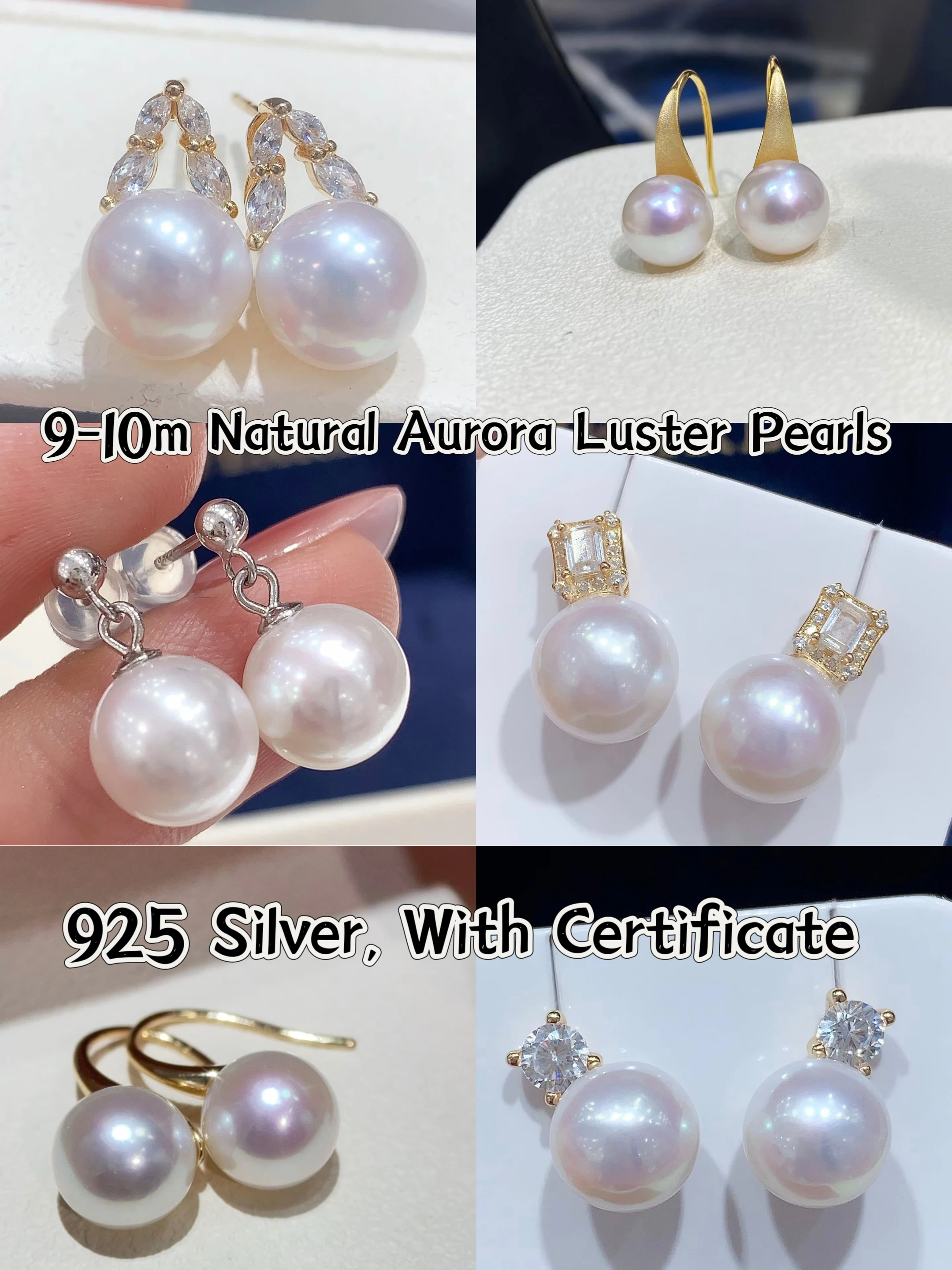 Certificate S925 Pure Sliver Natural Round Pearl 9-10mm Drop Dangle Fine Earrings Aurora Luster Cultured Pearl Ear Stud Jewelry